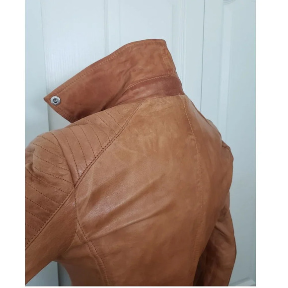 BNWT Stradivarius  Sheep Leather Motorcycle style Fitted Brown Jacket Small - Picture 9 of 14